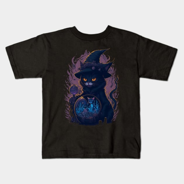 witch cat with an orb Kids T-Shirt by Aestheticlanart